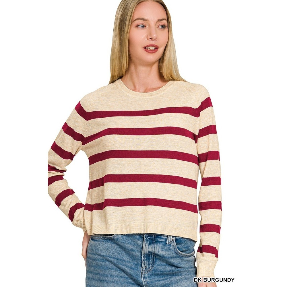 Zenana Lightweight Wool Blend Striped Round Neck Sweater - Large